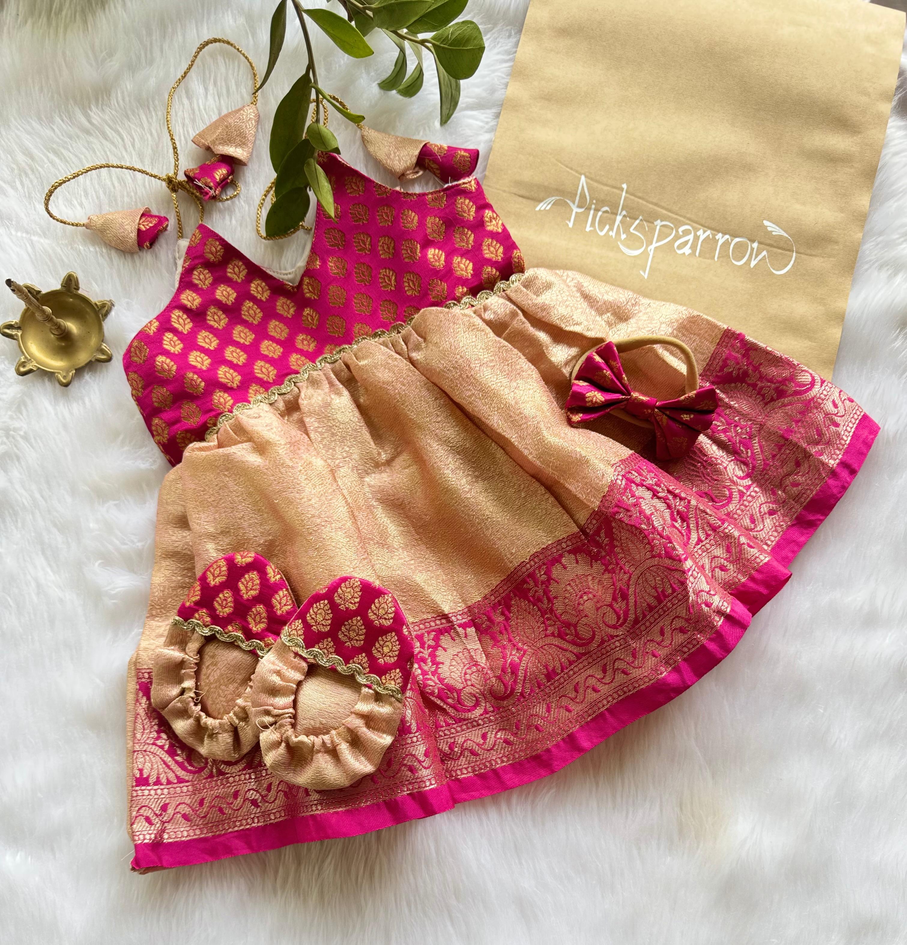 Picksparrow Baby Girl Frock/Dress With Headband and Booties (0-3M,Tissue Silk -Pink,)
