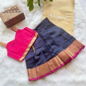 Picksparrow Baby Girl Pattu pavadai/Lehenga (Pink-Navy Blue,0-6M,  Cotton Silk Pattupavada)