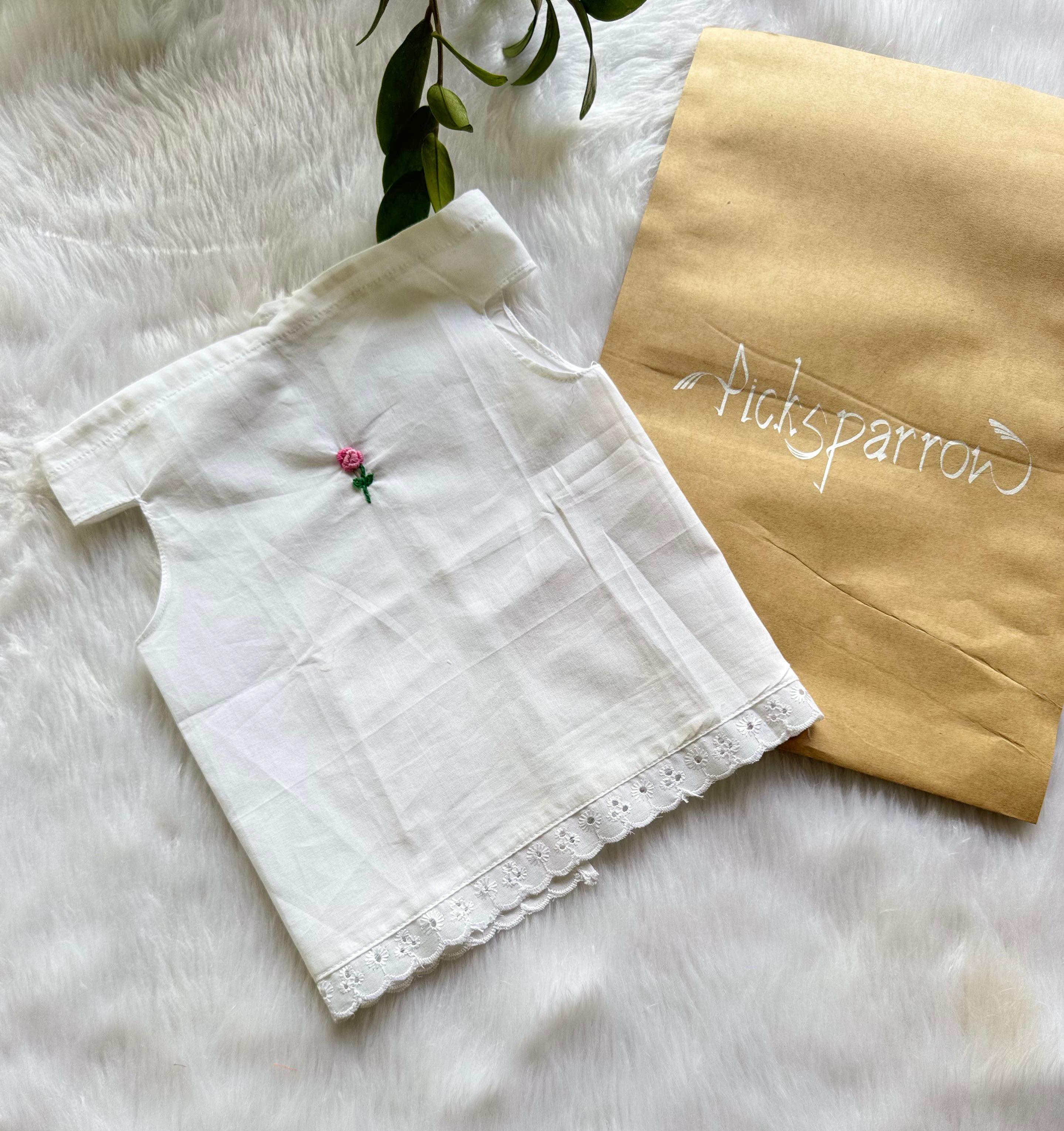 Hand-Embroidered Back Open Voile Cotton Jhabla (Design - Bullion Roses, 0-2 Months)