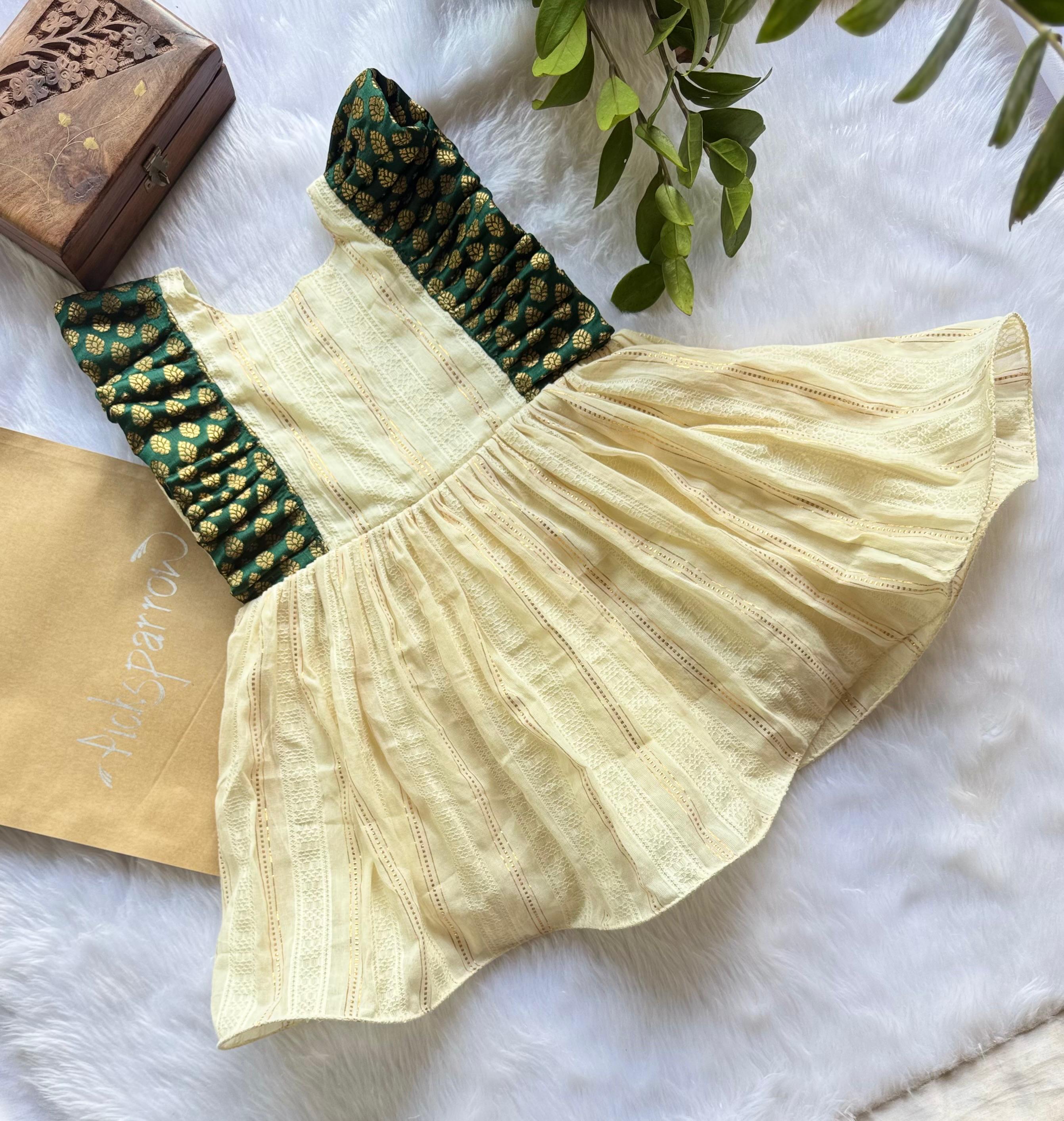 Picksparrow Baby Girl Frock/Dresses (6-12M-Green,Banarasi Silk -Cotton Lurex)