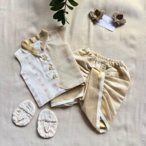 Picksparrow Baby Boy Kurta With Dhoti Pant(0-3M,Offwhite,Hearts-Tissue Cotton)